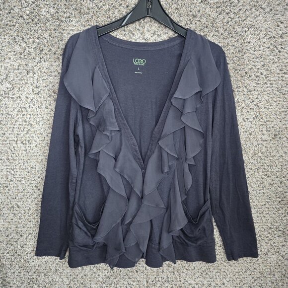 LOGO Lori Goldstein Cardigan Womens Large Gray Instant Chic Button Ruffle Pocket - Picture 1 of 8
